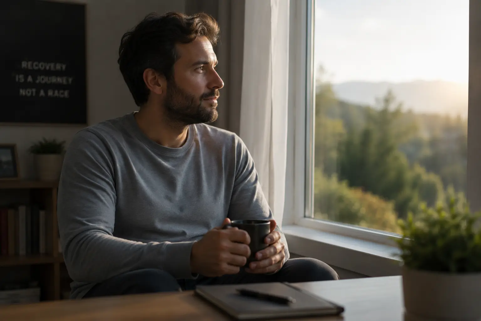 Man in early addiction recovery reflecting quietly after completing medical detox treatment