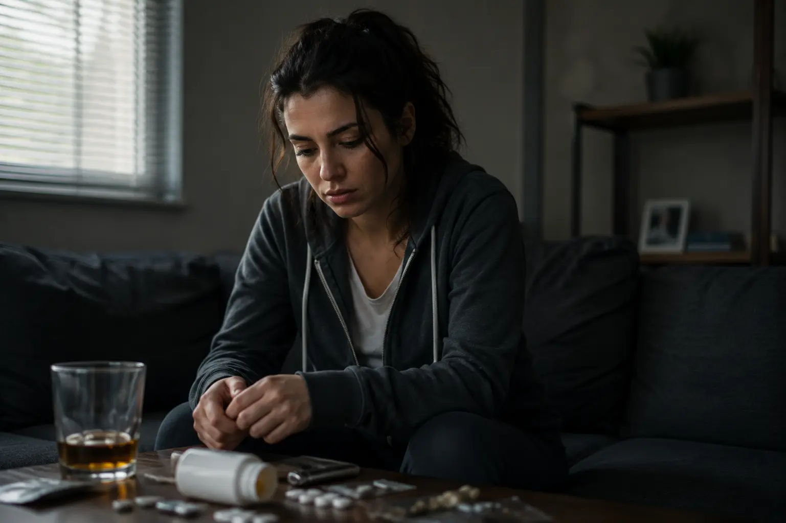 Woman struggling with addiction sitting alone and contemplating seeking medical detox and treatment