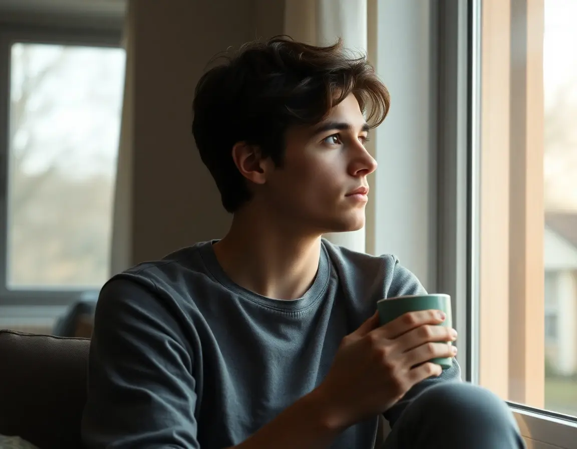 A young adult sitting near a sunlit window, holding a cup of coffee and looking outside