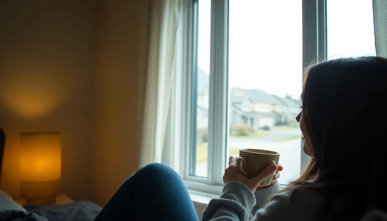 A person sitting near a window with a mug, looking out at a quiet residential street