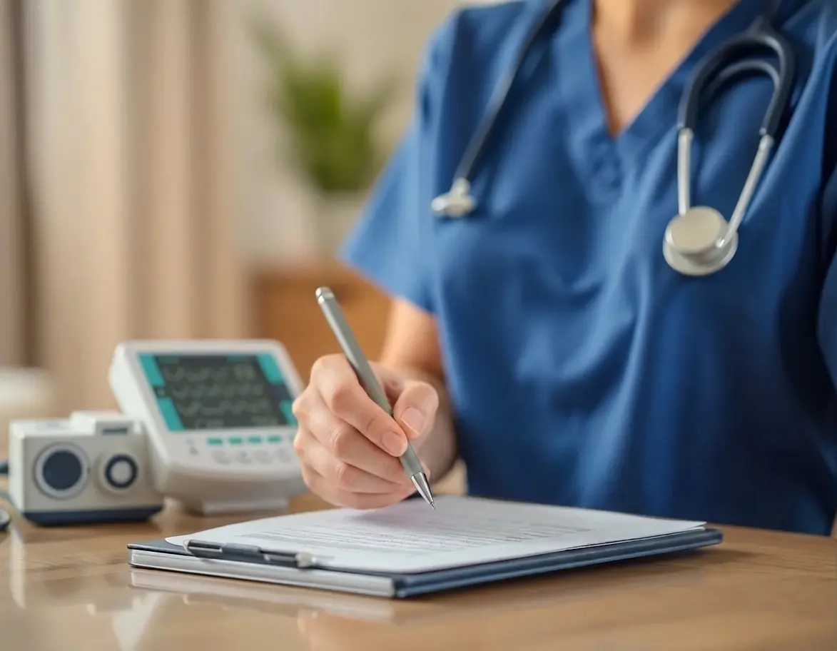 A nurse's hands writing notes on a clipboard beside a vital signs monitor