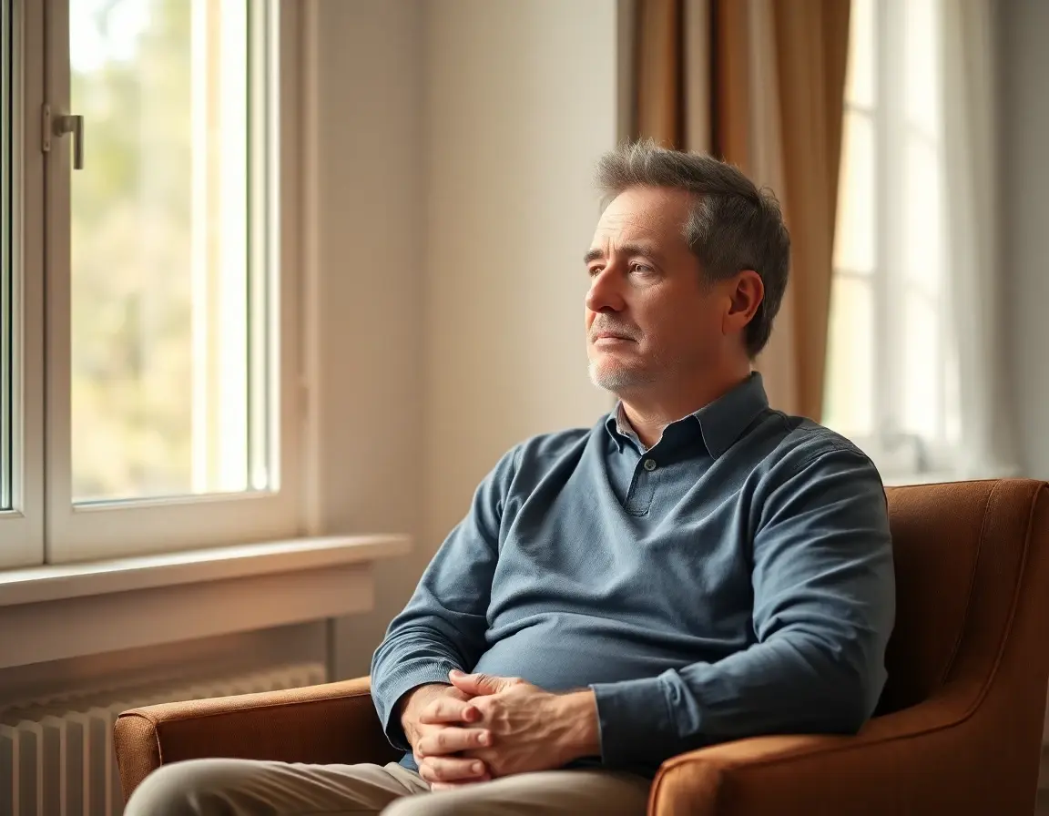 A man seated near a sunlit window in a comfortable chair, looking out calmly