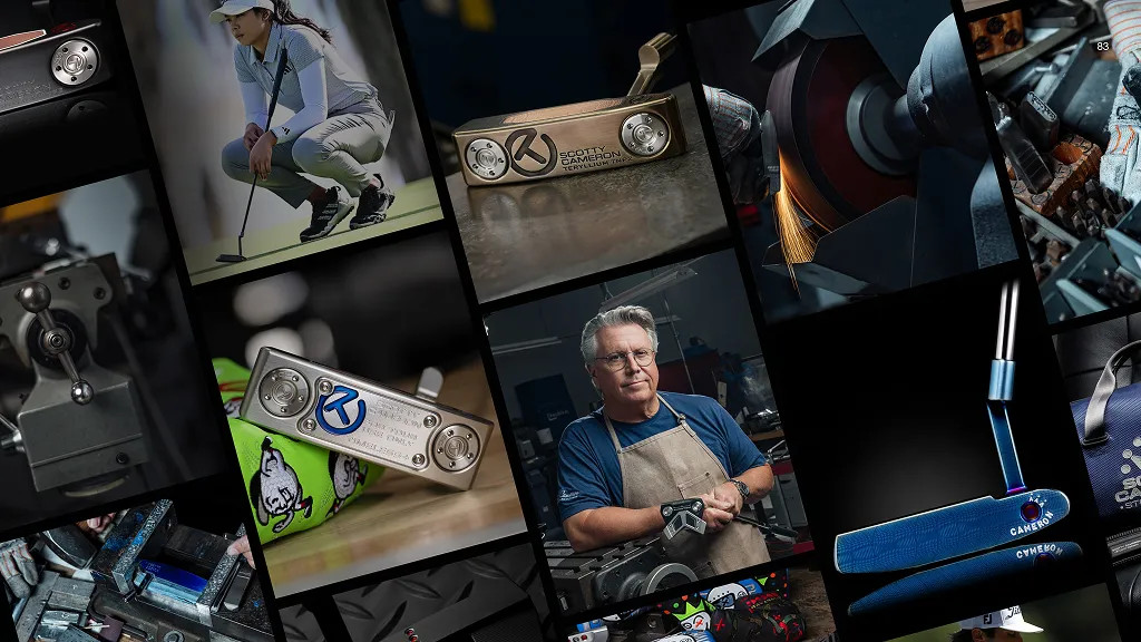 Grid of Scotty Cameron imagery featuring craftsman portraits, tour golfers, and putter photography.