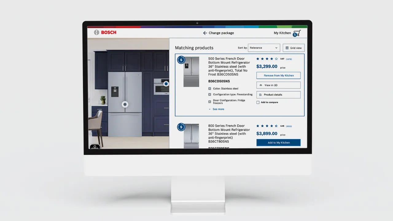 A computer screen displays Bosch's appliance selection interface, highlighting a 800 Series French Door Refrigerator in stainless steel. The design is user-friendly, featuring sorting options, star ratings, price, and a virtual kitchen experience.
