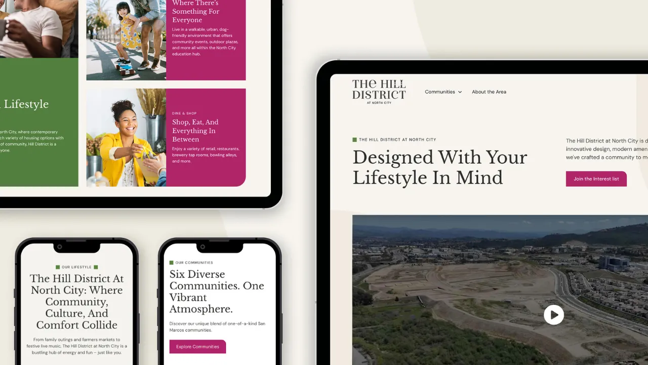 A digital mockup displays a lifestyle-focused Shea Homes website on various devices. The layout highlights vibrant images, diverse communities, and inviting text. Emphasizes modern design and engaging community atmosphere.