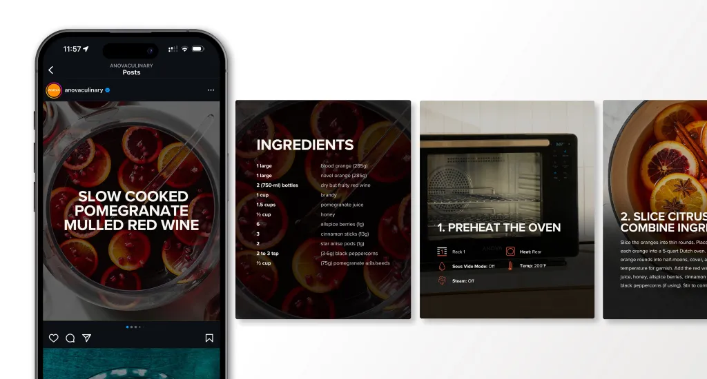 A collage shows a phone screen displaying a holiday social media post, then frames from the video: adding ingredients, filling pastry cups, checking baking progress, and displaying the finished pastries. The overall tone is festive and joyful.