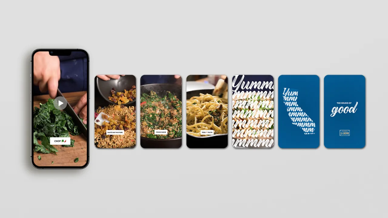 A sequence of smartphone screens shows a cooking process: chopping greens, sautéing vegetables, mixing pasta, and text saying "Yumm" and "This looks so good."