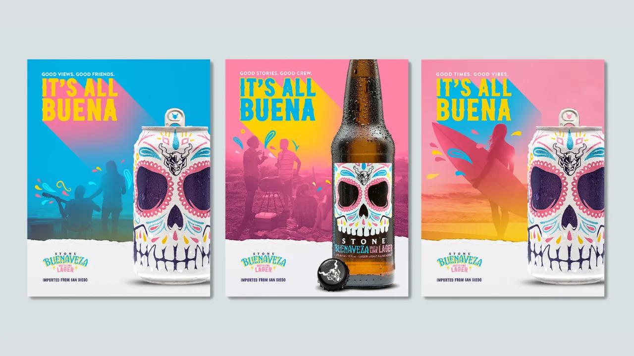 Colorful trio of beverage ads feature vibrant skull designs on cans and bottle. Text reads "It's All Buena" with themes of good times and vibes.