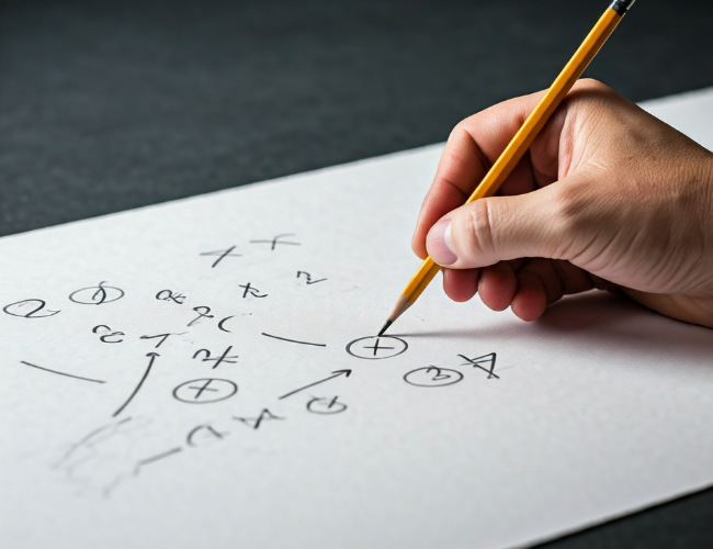 Hand drawing a football play diagram with X's, O's, and arrows on white paper using a yellow pencil.