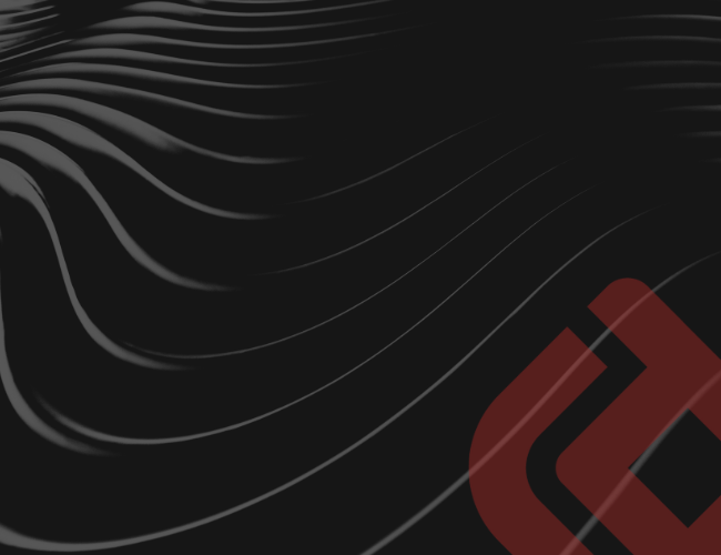 Abstract black background with flowing wave-like ridges and a stylized dark red geometric logo in the lower right corner.