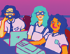 Pixel-art illustration of three diverse people working on laptops together against a purple background.
