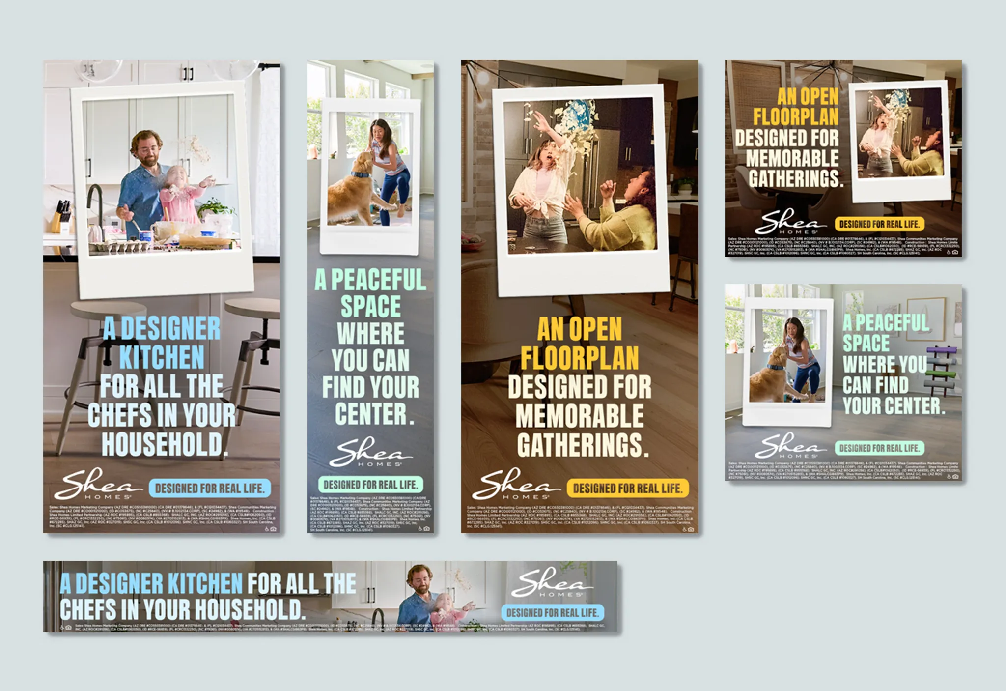Shea Homes display ads showcase designer kitchens, open floorplans, and peaceful spaces, emphasizing "Designed for Real Life."
