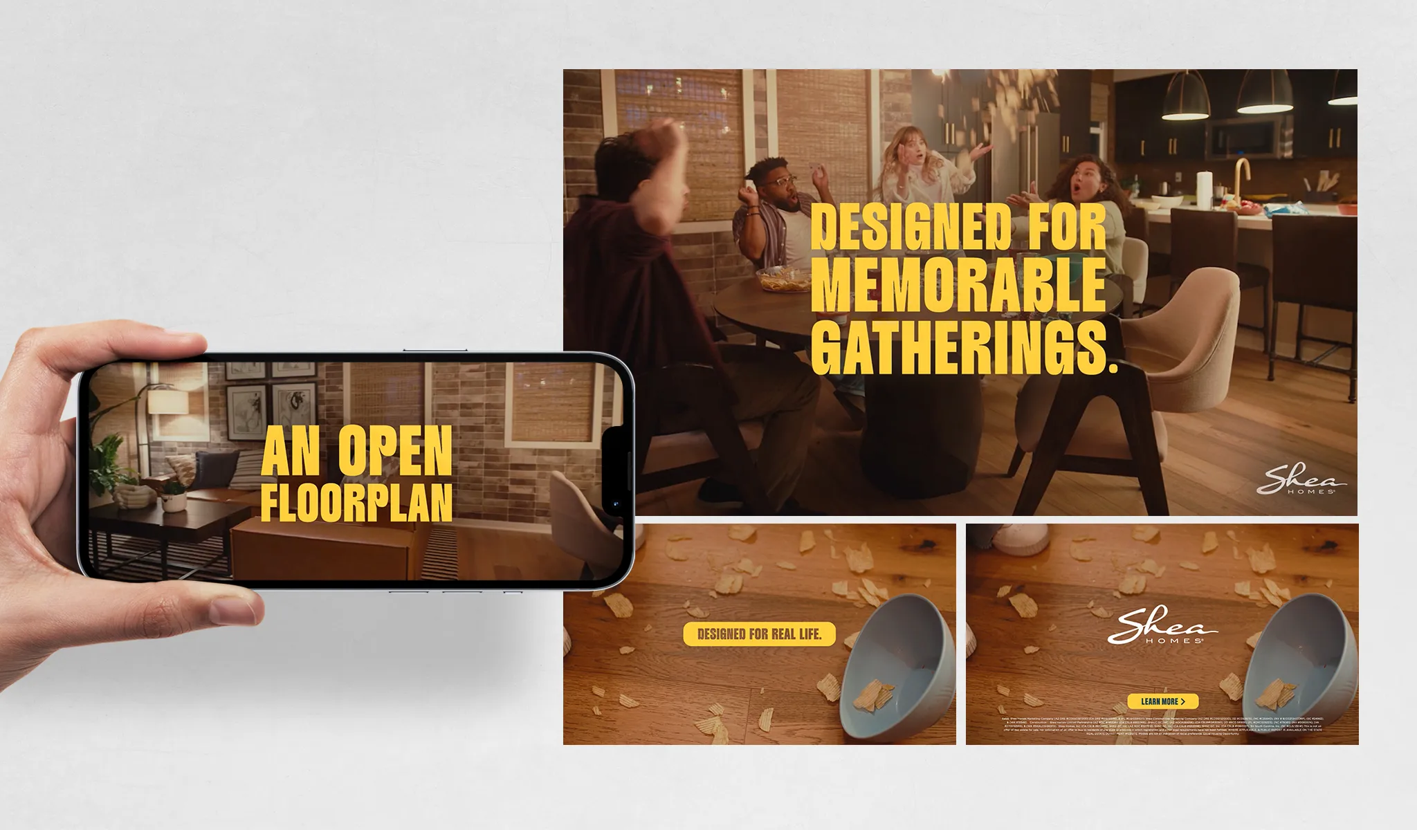 Collage showing a cozy home with an open floorplan, designed for memorable gatherings, and a bowl with chips on the floor.
