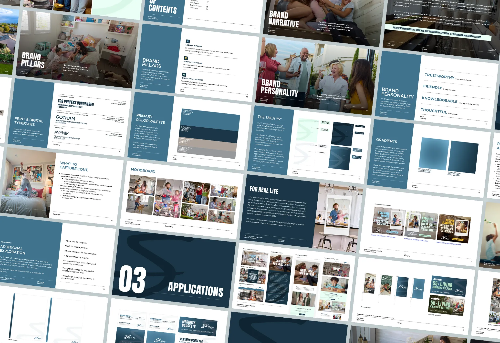 Collage of brand guidelines featuring typography, color palettes, moodboards, and lifestyle images for visual identity.