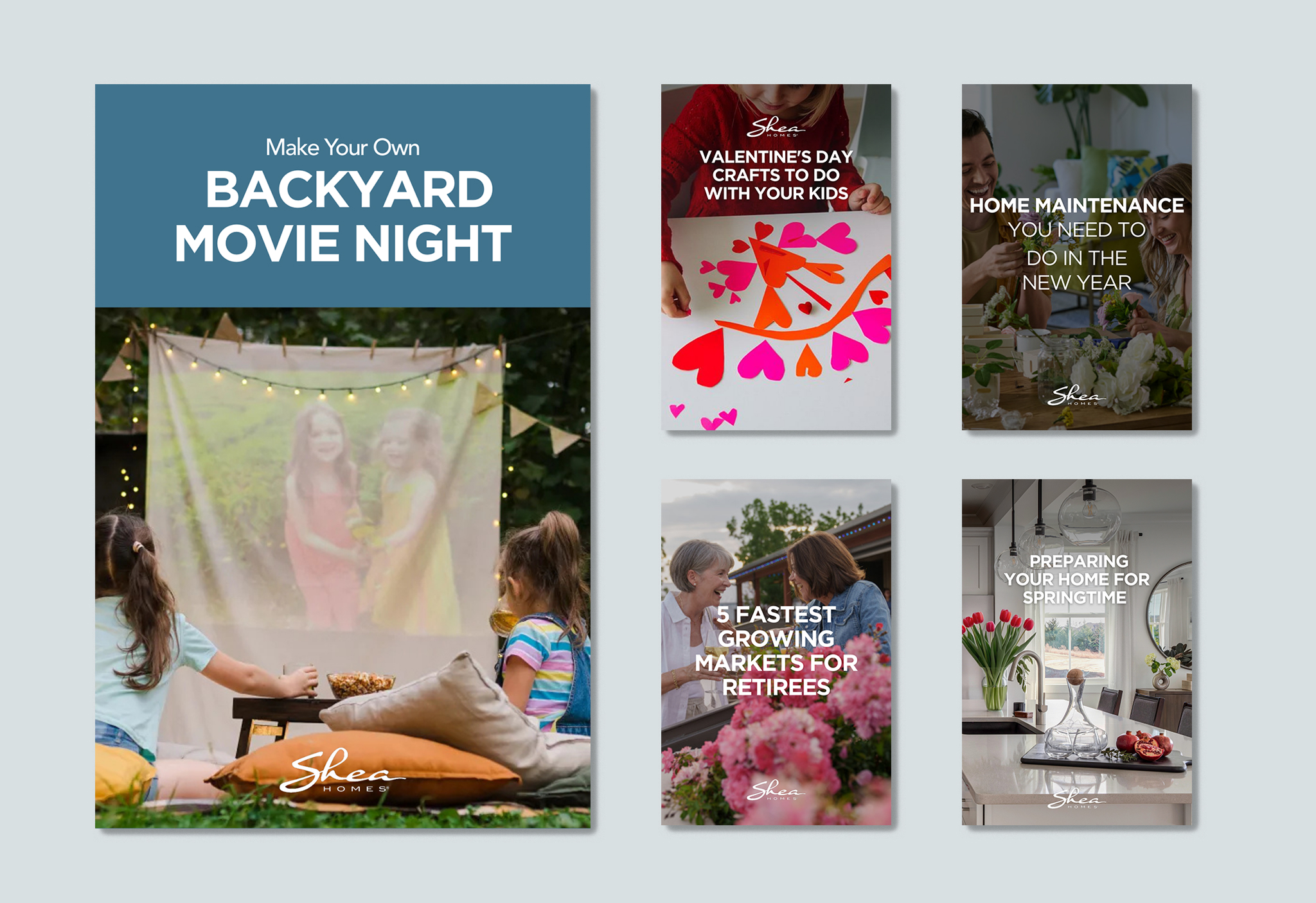 Collage of five images with lifestyle themes. Includes "Backyard Movie Night," crafts, home maintenance, market trends for retirees, and spring home prep.