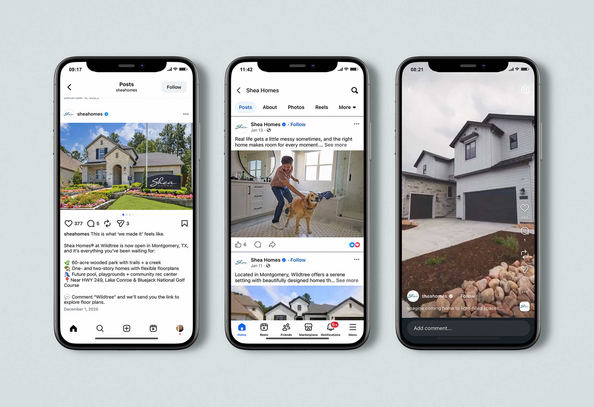 Three smartphones show Shea Homes posts across platforms: a flower-lined exterior, a person with a dog in a kitchen, and a modern home video, all with a warm, welcoming feel.
