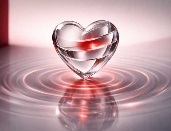 A clear glass heart with a red ribbon-like swirl inside sits on a reflective surface, sending out gentle pink ripples around it.