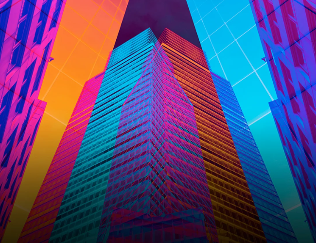 Colorful graphic illustration of skyscrapers viewed from below in vibrant pink, blue, and orange tones.
