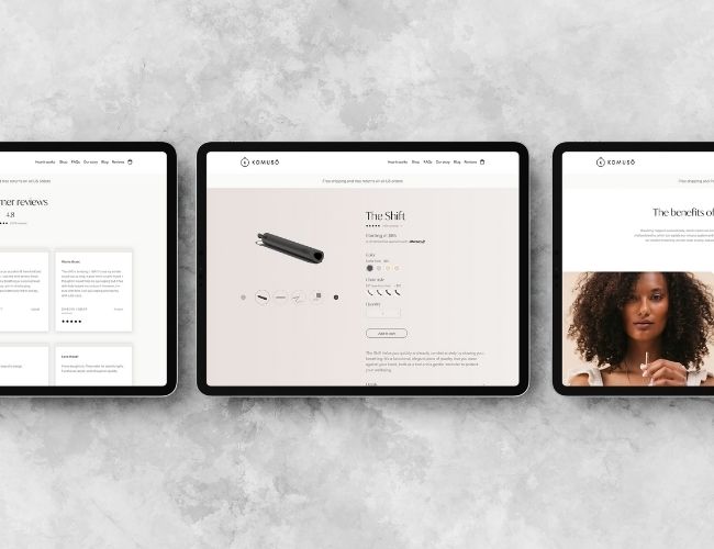 Three iPads side by side displaying the Komusō ecommerce website with product listings and lifestyle imagery.