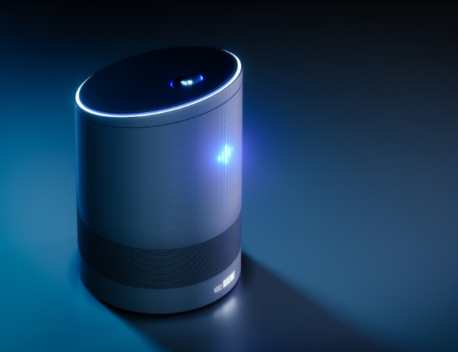 Cylindrical smart speaker with a glowing blue activation light on a dark surface in a moody dark blue setting.