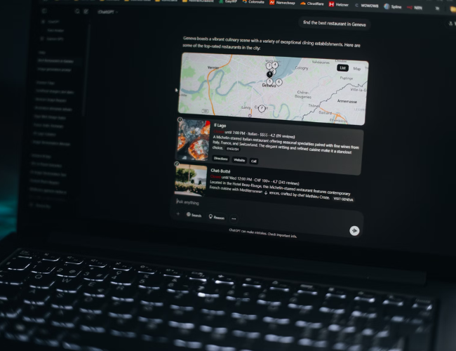 A laptop screen shows ChatGPT recommending top-rated restaurants in Geneva, with a map and listings displayed in dark mode.