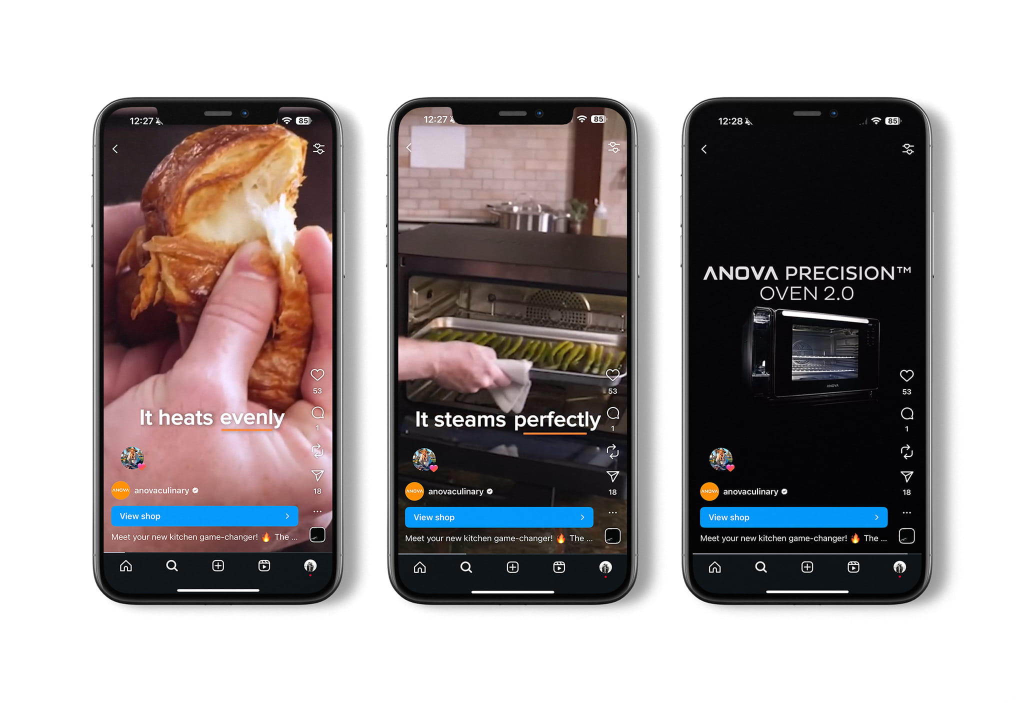 Three smartphones display a cooking app. Left shows a hand holding a croissant with text "It heats evenly." Middle shows asparagus cooking with "It steams perfectly." Right shows an oven with text "ANOVA PRECISION OVEN 2.0." Overall tone is modern and culinary-focused.