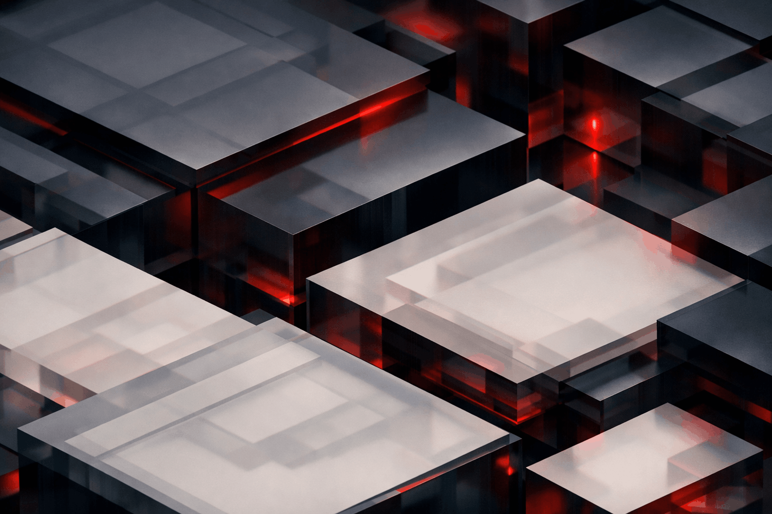 Abstract 3D rendered illustration of layered glossy gray and red geometric cubes and panels.