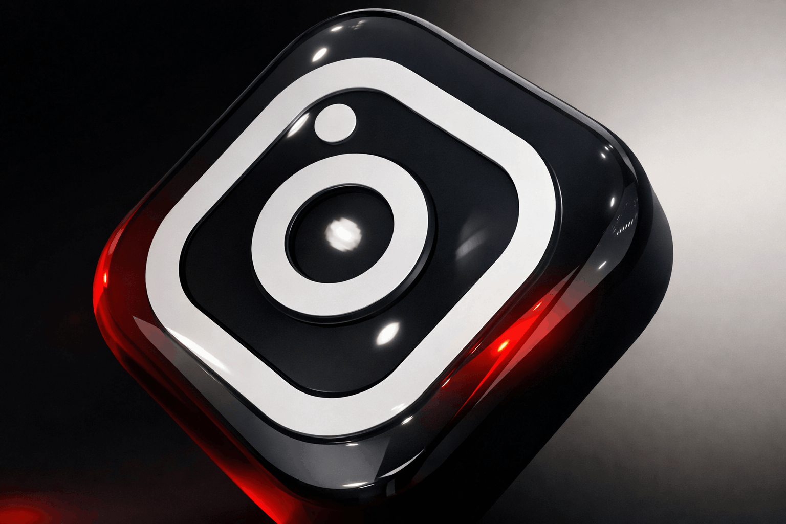 3D rendered glossy black Instagram logo cube against a dark background with red lighting.