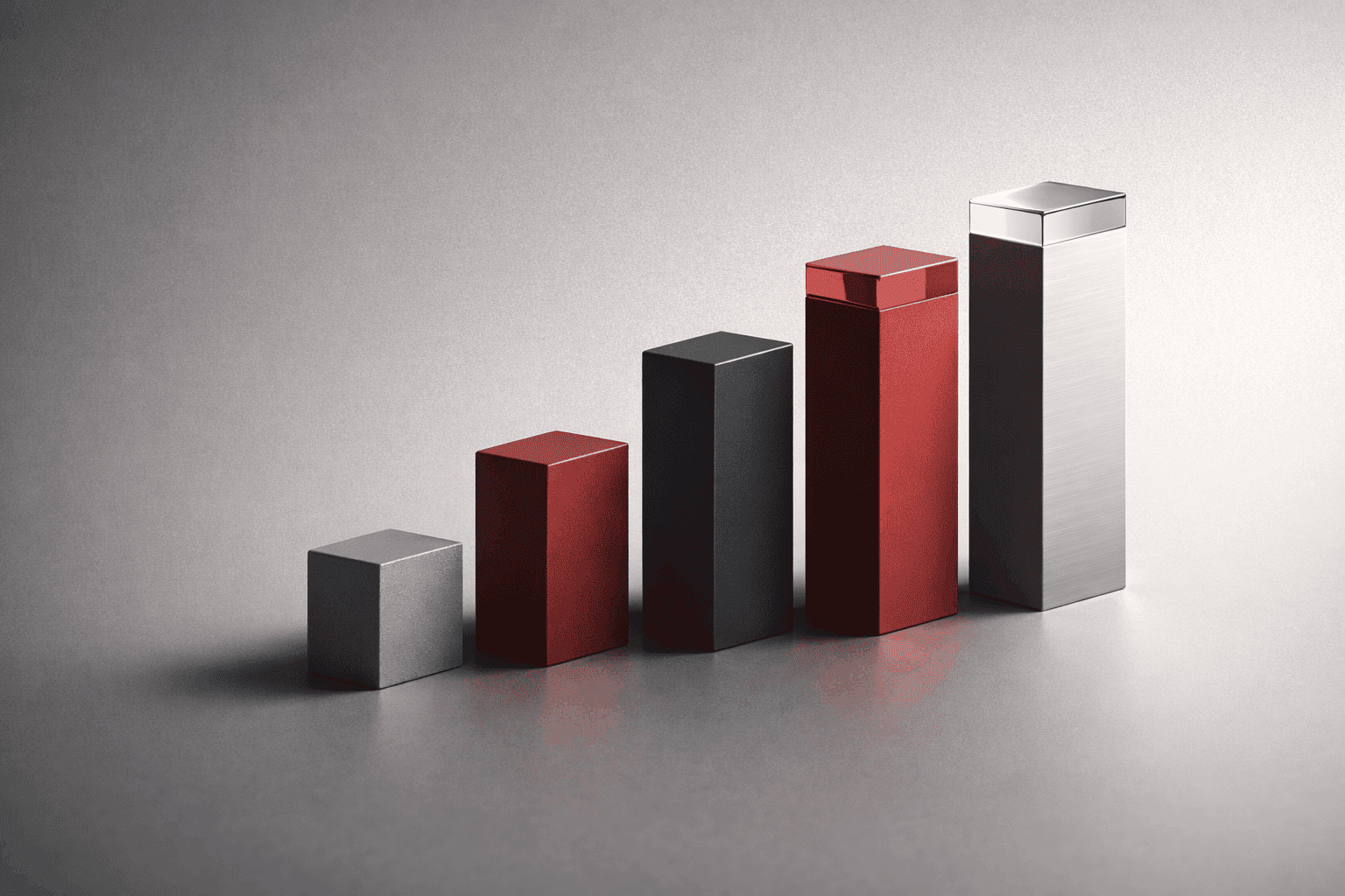 3D rendered ascending bar chart made of metallic gray and red rectangular blocks on a neutral gray background.