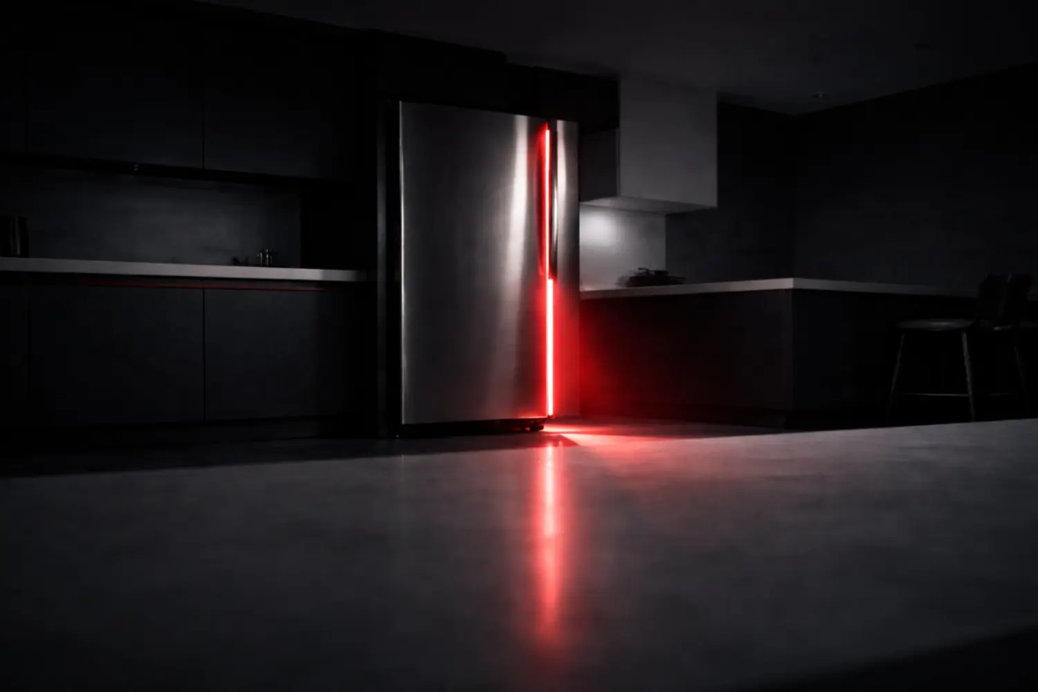 Sleek stainless steel refrigerator with a glowing red light strip in a dark, modern kitchen.