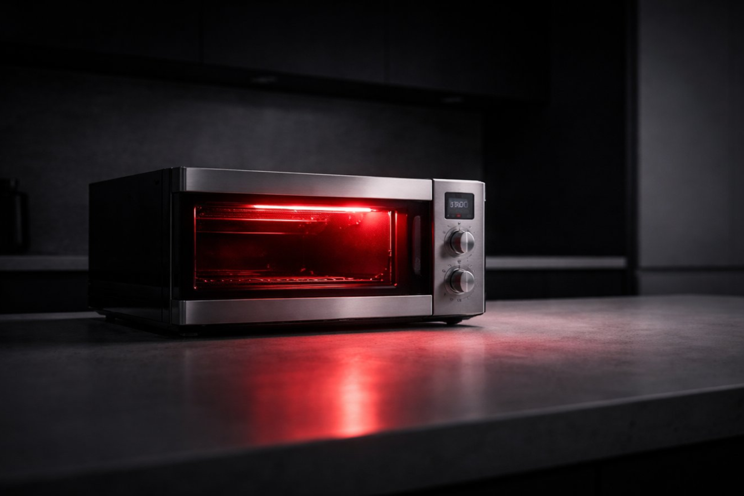 Sleek stainless steel microwave with a glowing red light in a dark, modern minimalist kitchen.