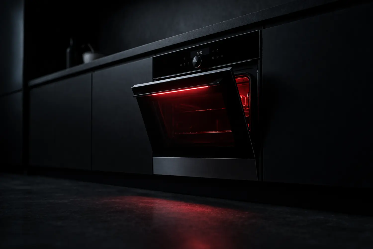 Sleek black built-in oven glowing red inside, installed in dark modern kitchen cabinetry.