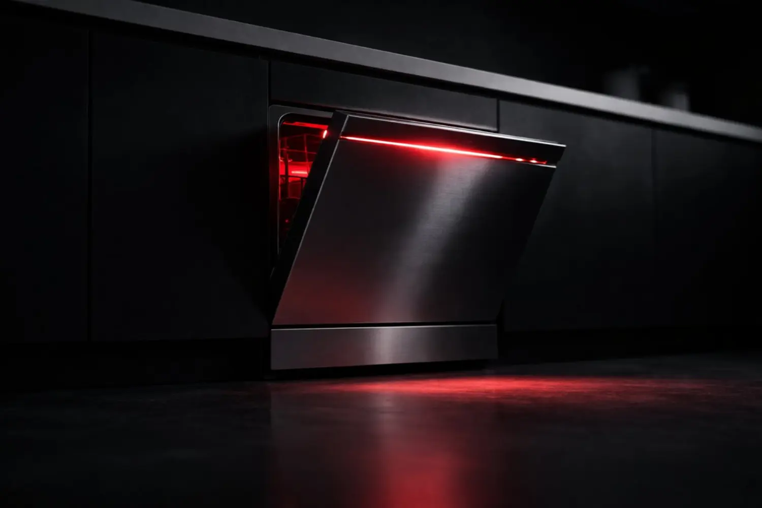 Sleek stainless steel dishwasher with a glowing red light strip ajar in a dark, modern minimalist kitchen.