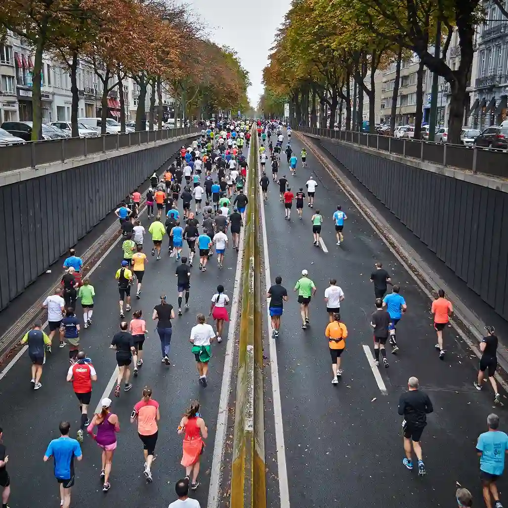 Aerial view of hundreds of marathon runners filling a wide city boulevard lined with trees in fall foliage.