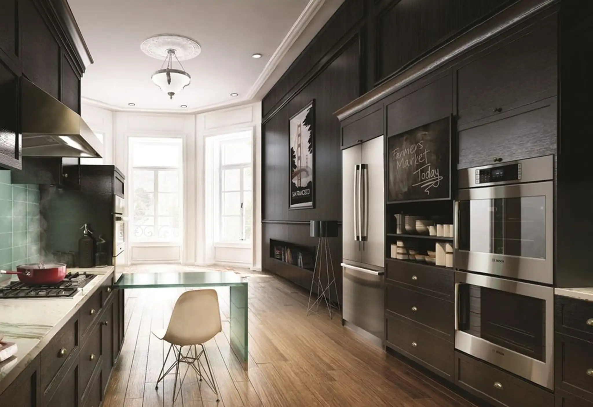 A dramatic kitchen with dark wood cabinetry, Bosch stainless steel French door refrigerator and wall ovens, a chalkboard panel reading 'Farmers Market Today,' bay windows, and hardwood floors.