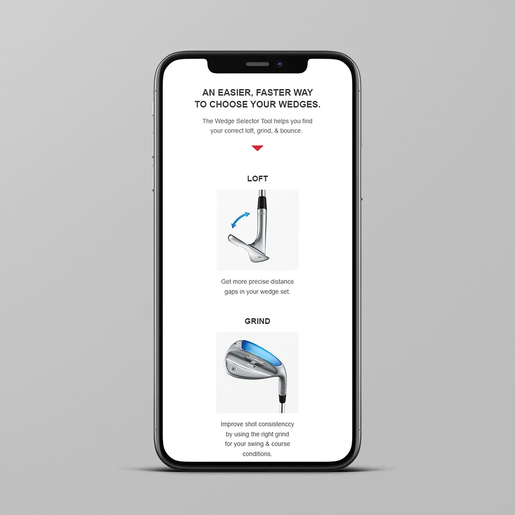 A smartphone showing a section of the Vokey Design email featuring the Wedge Selector Tool with 'Loft' and 'Grind' explanations accompanied by illustrated wedge diagrams.