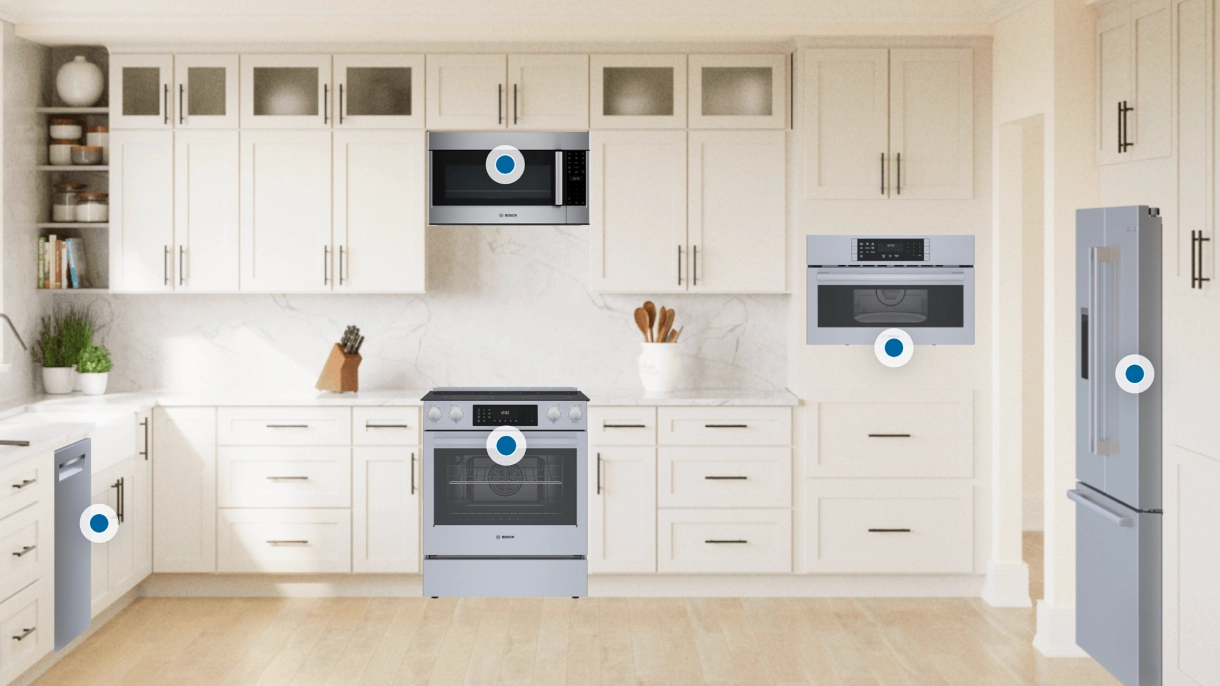 An interactive virtual kitchen scene featuring Bosch stainless steel appliances ‚ including a microwave, range, wall oven, dishwasher, and refrigerator, set against white shaker cabinetry, with blue clickable hotspots overlaid on each appliance.