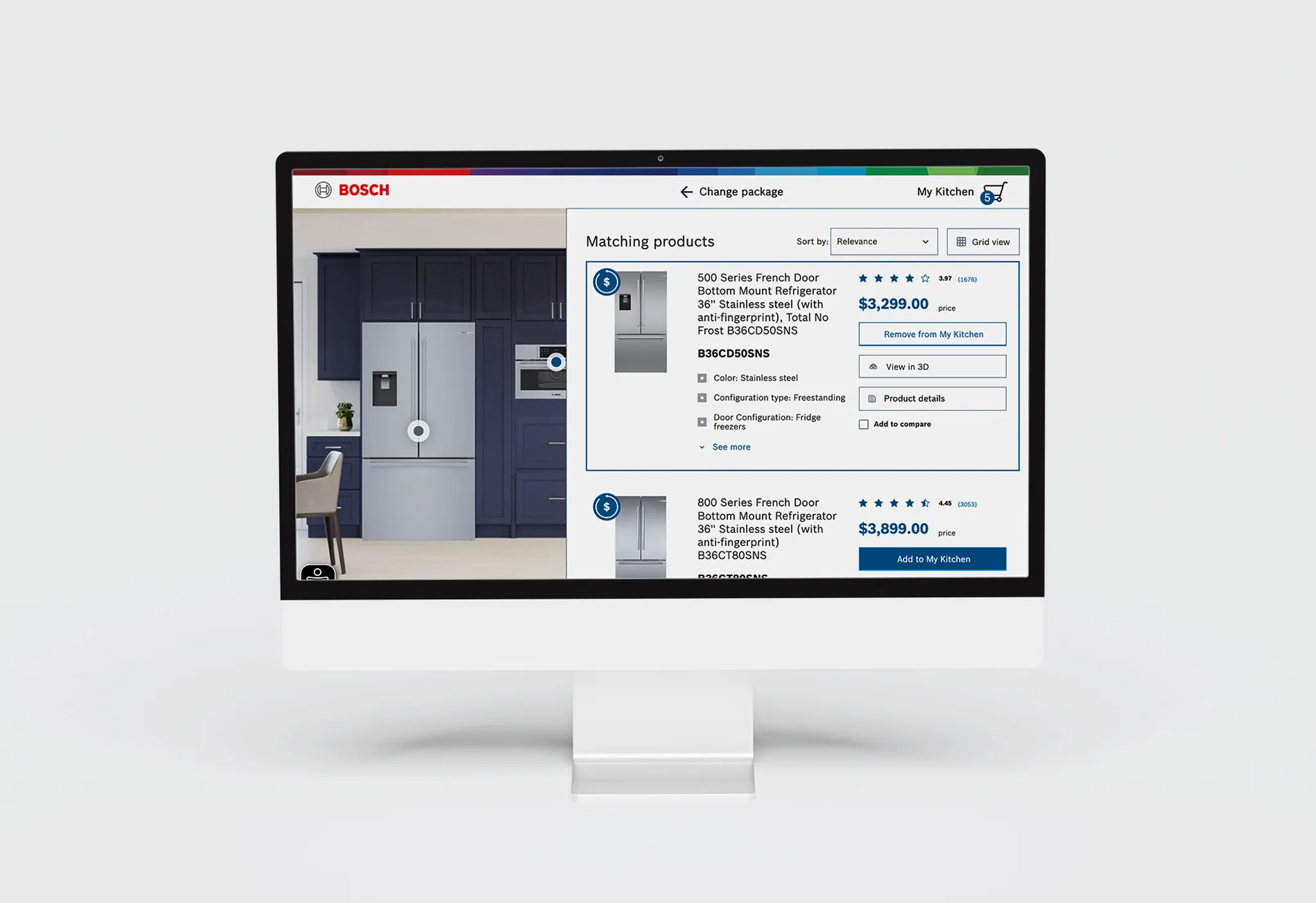 A desktop monitor displaying the Bosch Virtual Kitchen tool with a dark navy kitchen on the left and a 'Matching products' panel on the right showing French door refrigerator options with pricing and an 'Add to My Kitchen' button.