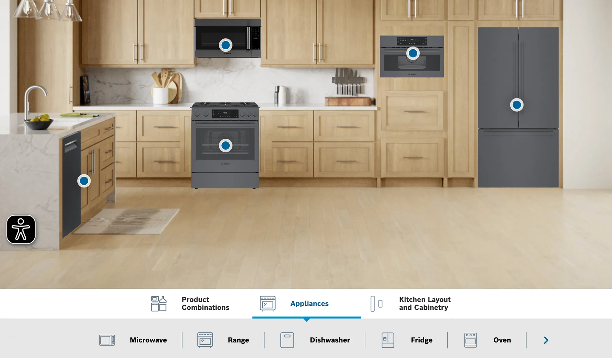The Bosch Virtual Kitchen interface showing a light wood kitchen with dark slate appliances and interactive hotspots, with an appliance navigation bar at the bottom allowing users to browse by Microwave, Range, Dishwasher, Fridge, and Oven.