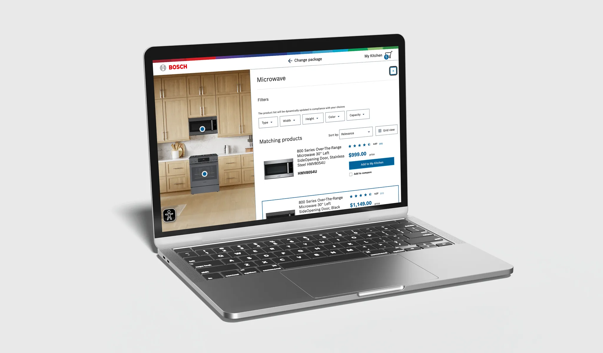 A laptop displaying the Bosch Virtual Kitchen tool open to the Microwave category, showing a light wood kitchen scene on the left and a filtered product list with 800 Series over-the-range microwave options and pricing on the right.