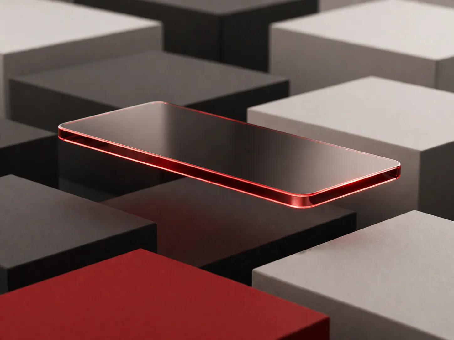 A sleek glass slab with glowing red edges floating above a grid of neutral blocks, symbolizing streamlined mobile connectivity.