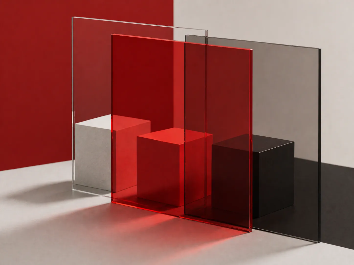 Layered translucent panels with a red-tinted sheet altering the appearance of geometric blocks behind it on a minimalist background.