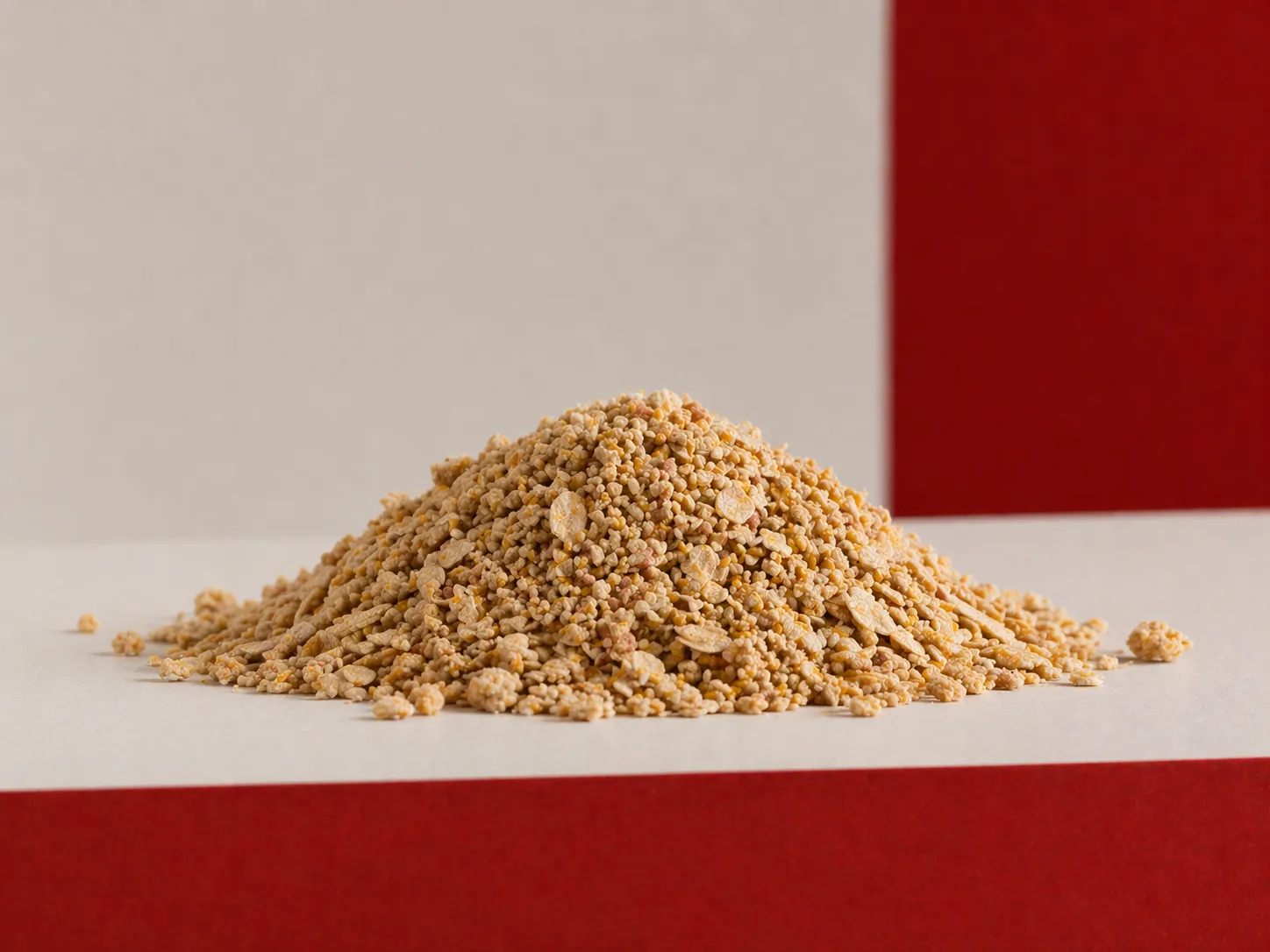 A small mound of fine-grain oats on a clean surface with a red accent background, highlighting natural texture and simplicity.