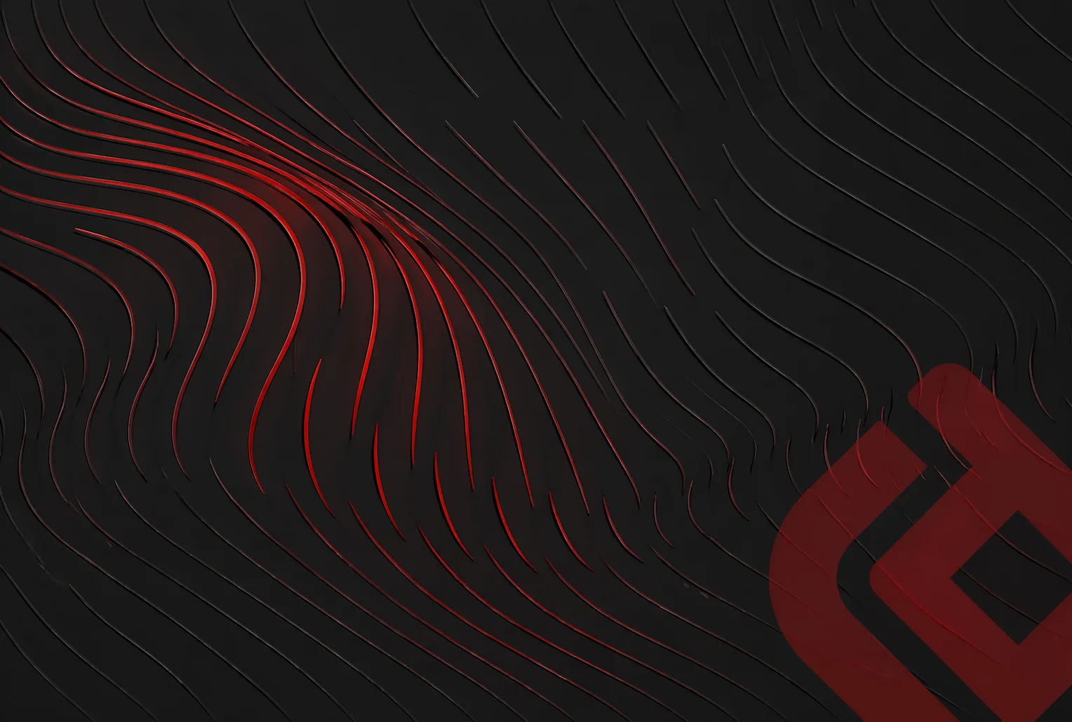 Abstract, flowing red wave pattern with soft, layered ridges that curve diagonally across a dark charcoal background.