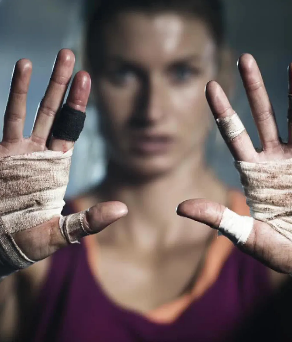A woman with focused expression holds up her taped hands, emphasizing strength and determination. Background is blurred, highlighting intensity and focus.