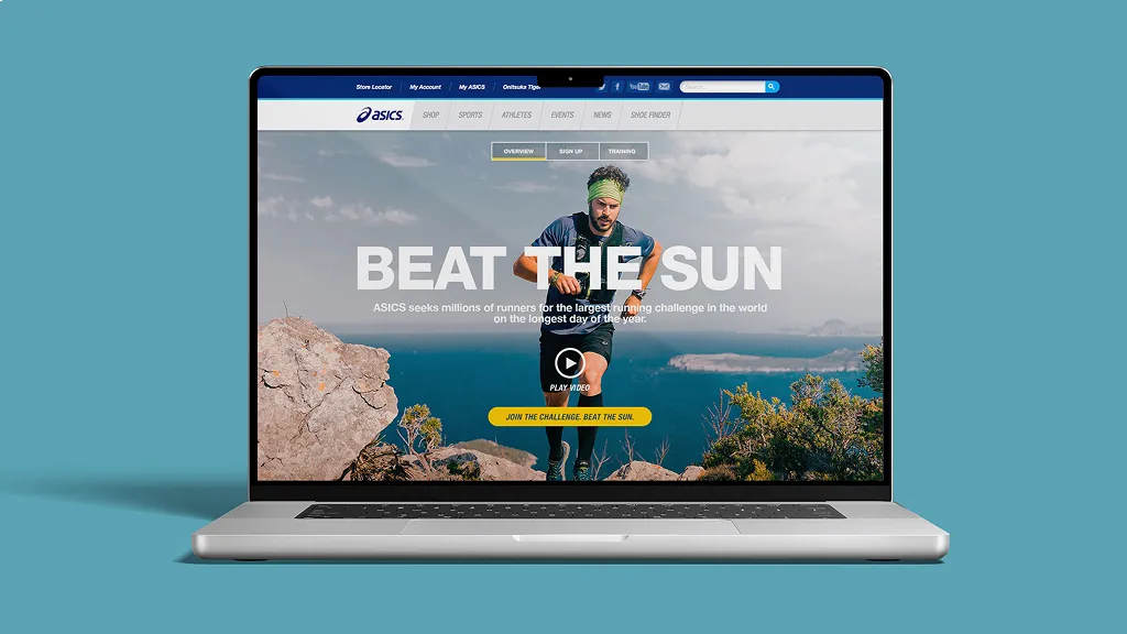 Laptop displaying a website with a runner on a cliff under "Beat the Sun." The tone is adventurous and motivational against a clear blue sky.