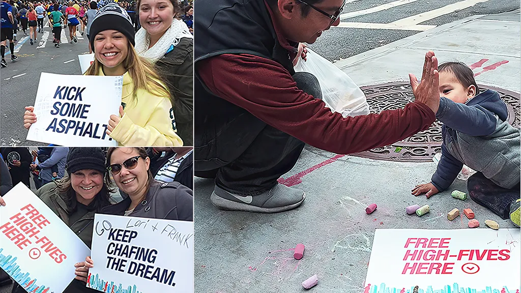 Adults and children hold motivational signs during a race. A young child high-fives a man. Sidewalk chalk and colorful signs create a supportive atmosphere.