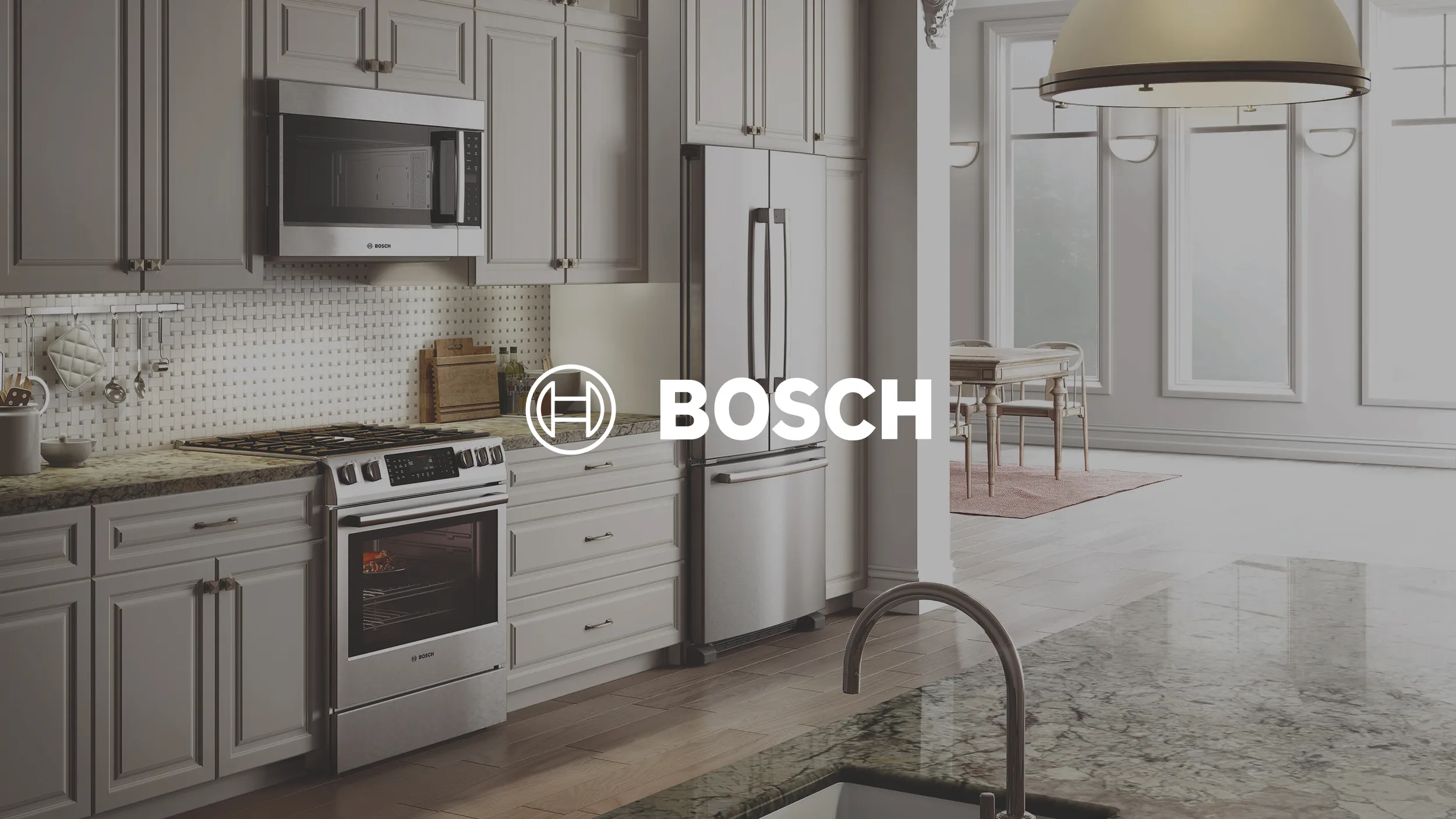 A modern kitchen featuring stainless steel Bosch appliances including a range, over-the-range microwave, and French door refrigerator, with the Bosch logo centered over the image.