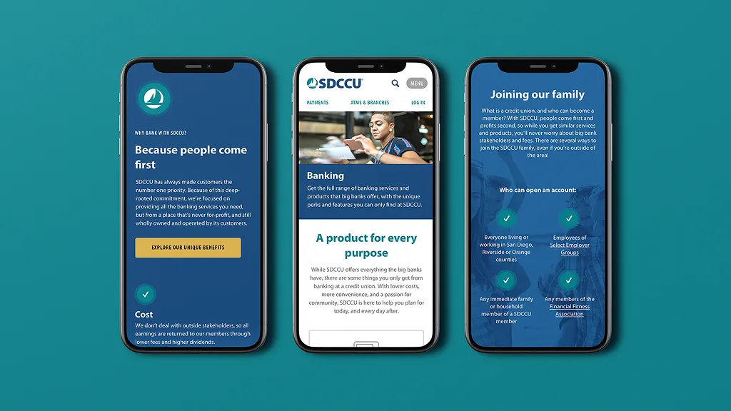 Three smartphones on a teal background displaying different screens of the SDCCU mobile website.