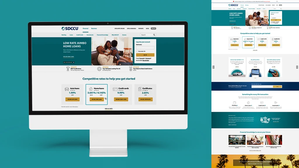 A desktop iMac and extended scroll view showing the SDCCU website homepage with loan promotions and competitive rates.